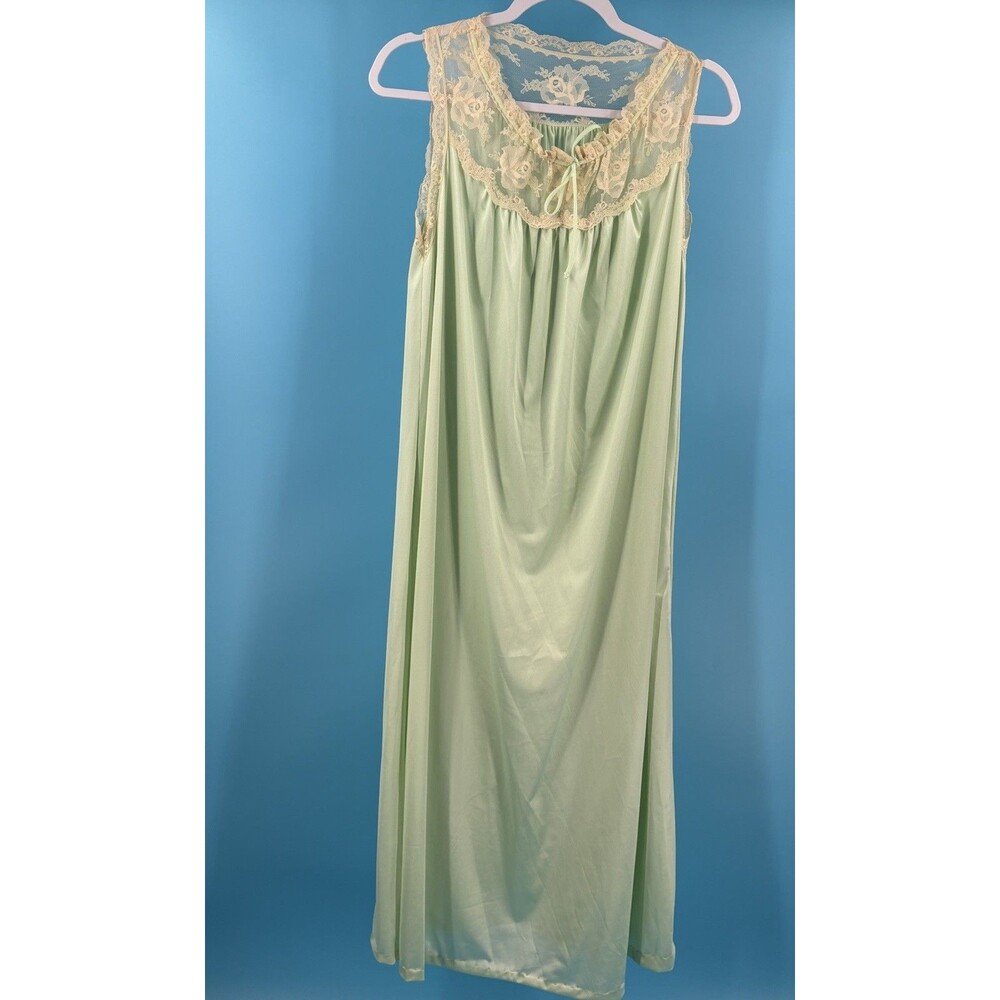 Vintage JCPenney Nightgown S Mint Green Nylon Lace Yoke Long Sleeveless